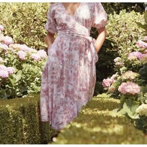 Summersalt The Coastal Poplin Puff-Sleeve Wrap Fit and‎ Flare Midi Dress Sz M